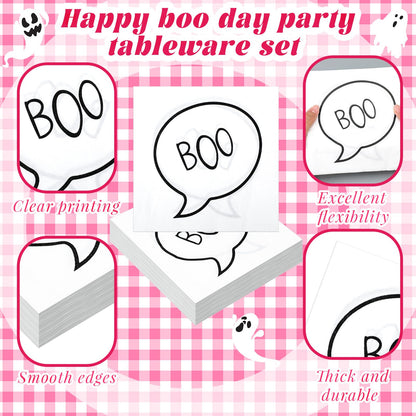 Yungyan 144 Pcs/24 Set Summer Halloween Paper Plates and Napkins Boo Ghost Plates Pink Cups with Forks and Knife Halloween Party Tableware Set for Spooky Birthday Party Decoration Boo Baby Shower
