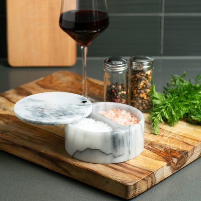 RSVP International Dual Compartment Box | Chic & Modern Herb Container | 10 Ounces Total | Swivel Top Protects Salts | Beautiful, Solid Marble, 5", White