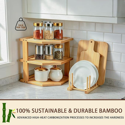 Bamboo Plate Holder Set,3 Tier Corner Shelf & Vertical Plate Stand,Sustainable Dish Organizer for Cabinet,Countertop,Small Space Organization,Durable Dish Rack for Cups,Cutting Boards ,Books - 2 Set