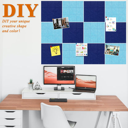 HULAVO Large Square Felt Cork Board Tiles, Self Adhesive DIY Felt Bulletin Board with 35 Pushpins for Office School Home Wall Decor Stickers Memos (Dark Blue & Sky Blue)