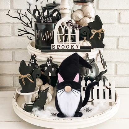 Upltowtme Black Cat Gnome Plush 13.5" Handmade Scandinavian Tomte Figurine Halloween Christmas Gnomes Spring Farmhouse Decor Ideal Gift for Women and Cat Lovers