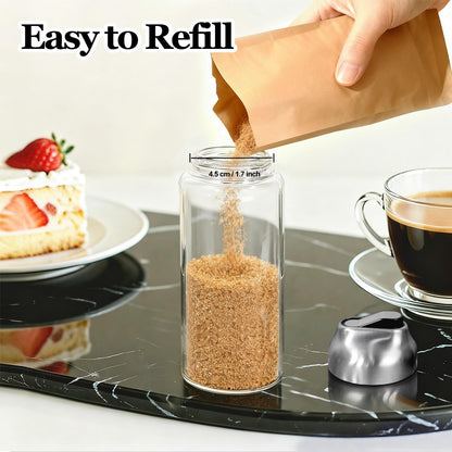 14oz Glass Sugar Dispenser with Spout - Refillable Pour Shaker for Coffee Bar, Tea Station & Table - Large Airtight Sugar Container for Kitchen Counter