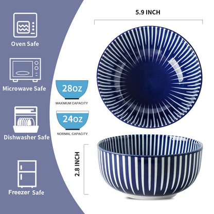 JINGUS Ceramic Soup Bowls, 28 Ounces Cereal Bowls for Oatmeal, Dessert and Pasta, Japanese Style Large Rice Bowls Set of 6, Prefect for Kitchen,Gift, Dishwasher & Microwave Safe, Vintage Blue