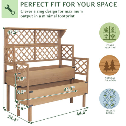 Magazoopet Raised Garden Bed with Trellis, 47''H Outdoor Flower Plant Stand with Two Planting Areas, Top Shelf, Liner, Elevated Garden Beds for Climbing Plants, Herb, Gift for Gardening, Brown