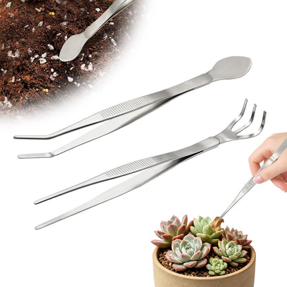 Ruatu 2 PCS Stainless Steel Garden Tweezers Set 2-in-1 Long Plant Tweezers Gardening Tools with 8.9" Curved Tine & 8.7" Straight Rake for Plants, Lawn, Bonsai, Succulents