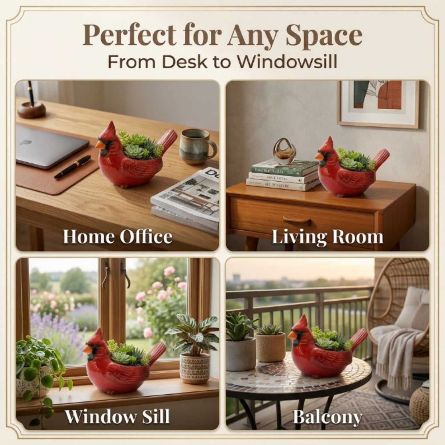 Cardinal Bird Succulent Planter, Red Resin Flower Pot with Drainage Hole, Cute Animal Decorative Plant Pot for Indoor Outdoor Succulents, Unique Gift for Bird Lovers (2Pc)