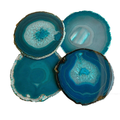 AMOYSTONE Teal Agate Coasters Set of 4, 3-3.5 Inch Handcrafted Slices, Lightweight Stone Coasters, for Teen Girl, College Dorm Room Decor