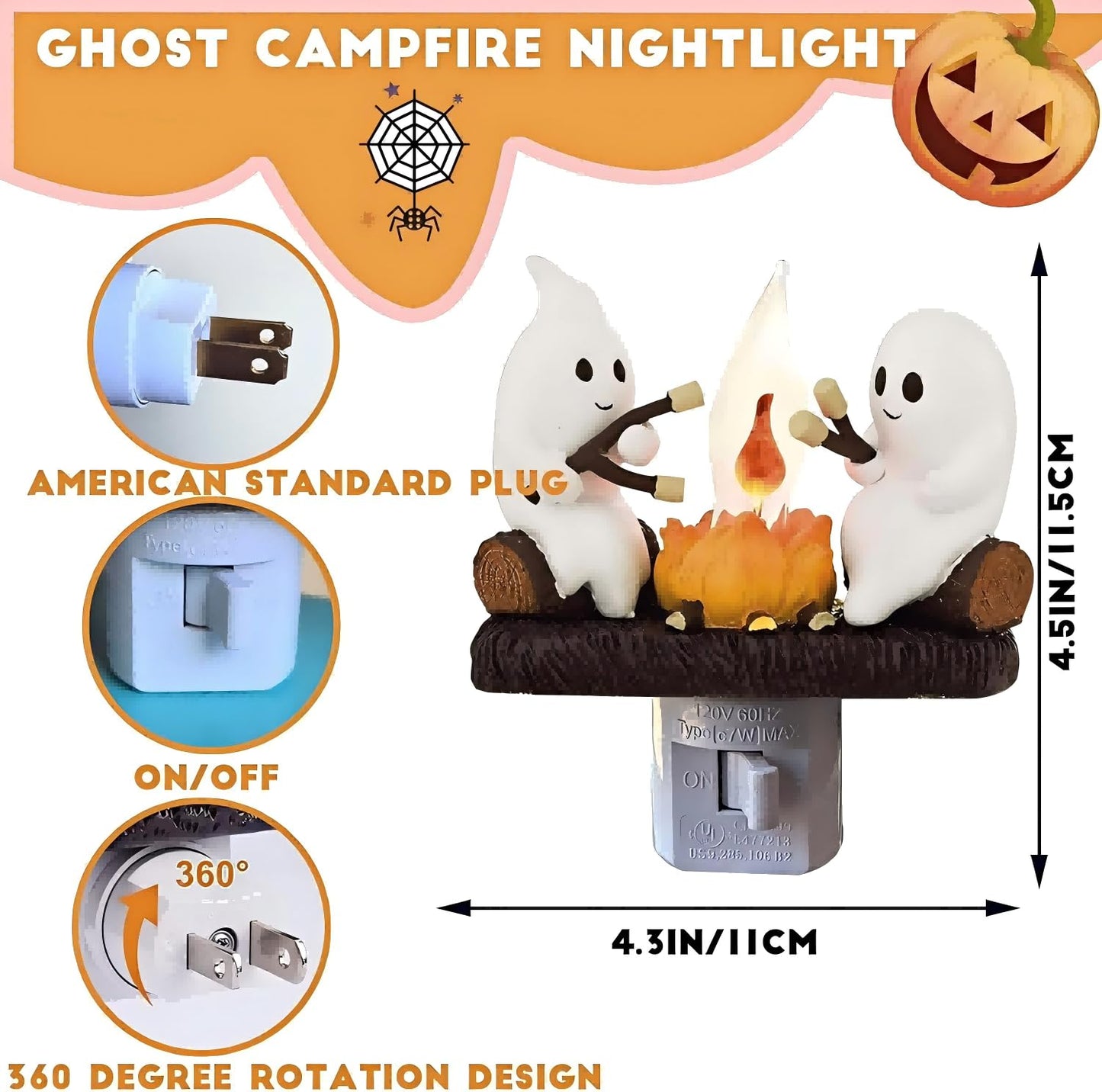 nlaa Ghost Campfire Nightlight,Halloween Campfire Flickering Night Light,3D Spooky Fire Marshmallow Night Light for Halloween Decor (Cute Ghost)