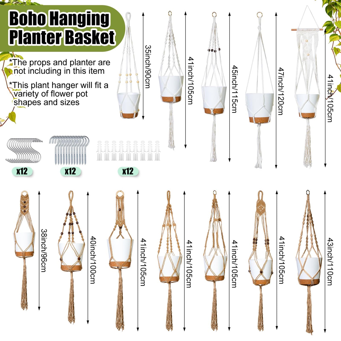 Hoteam 12 Pcs Macrame Plant Hangers Macrame Hanging Planters for Indoor Plants Handmade Boho Hanging Baskets Flower Pots Holder for Outdoor Home Wall Decor(Beige, Brown)