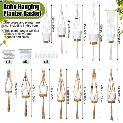 Hoteam 12 Pcs Macrame Plant Hangers Macrame Hanging Planters for Indoor Plants Handmade Boho Hanging Baskets Flower Pots Holder for Outdoor Home Wall Decor(Beige, Brown)