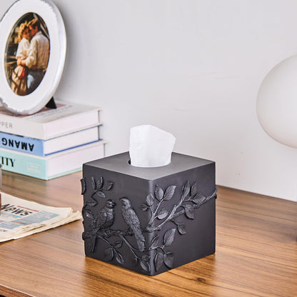 Black Marble Relief Birds Square Tissue Box Cover Decorative,Resin Heavy Sturdy Tissue Box Holder, Facial Paper Holder for Bathroom Vanity Countertop, Bedroom Night Stand,Office and End Table