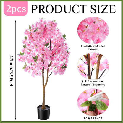 Giegxin 2 Pack Artificial Cherry Blossom Tree 3.9 FT Fake Faux Sakura Flowers Potted Plant Indoor with Plastic Nursery Pot for Home Porch Bedroom House Entryway Office Outdoor(Pink)