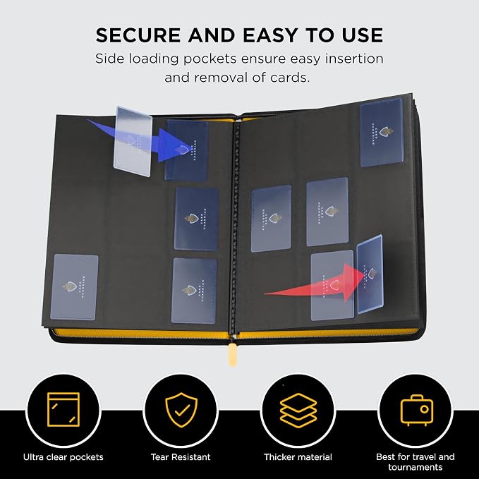 Card Guardian - 9 Pocket Premium Black Binder with Zipper for 360 Cards - Side Loading Pockets for Trading Card Games TCG (Yellow)