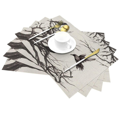 Halloween Placemats 12x18 Inches Set of 4,Black Crows Decorative Rectangle Autumn Halloween Decoration Fall Linen Black Table Mats for Party,Home Kitchen,Dining Table Decorn