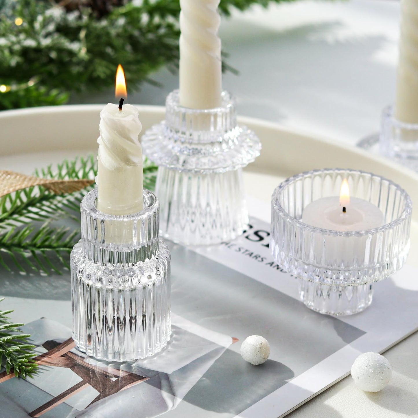 SYFURNIX Clear Candlestick Holders 12PCS Ribbed Glass Taper Candle Holders for Tealight Stick Candles Table Centerpieces Thanksgiving Christmas Indoor and Outdoor Decorations