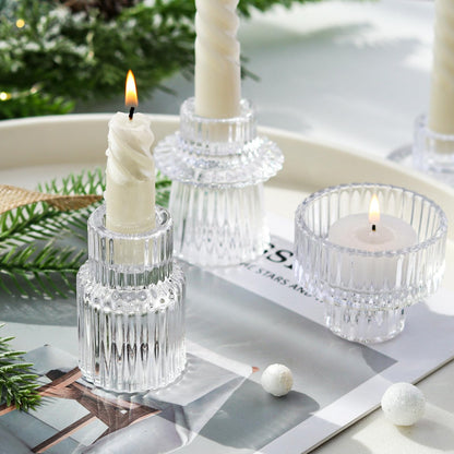 SYFURNIX Clear Candlestick Holders 12PCS Ribbed Glass Taper Candle Holders for Tealight Stick Candles Table Centerpieces Thanksgiving Christmas Indoor and Outdoor Decorations