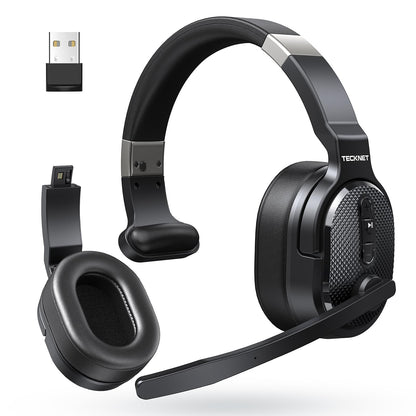 TECKNET Bluetooth Trucker Headset, Single and Dual Ear Wireless Headset with Mic for Work Noise Cancelling, 50Hrs 3 EQ Music Modes Trucker Bluetooth Headphones for PC, Drivers, Office, Call Center