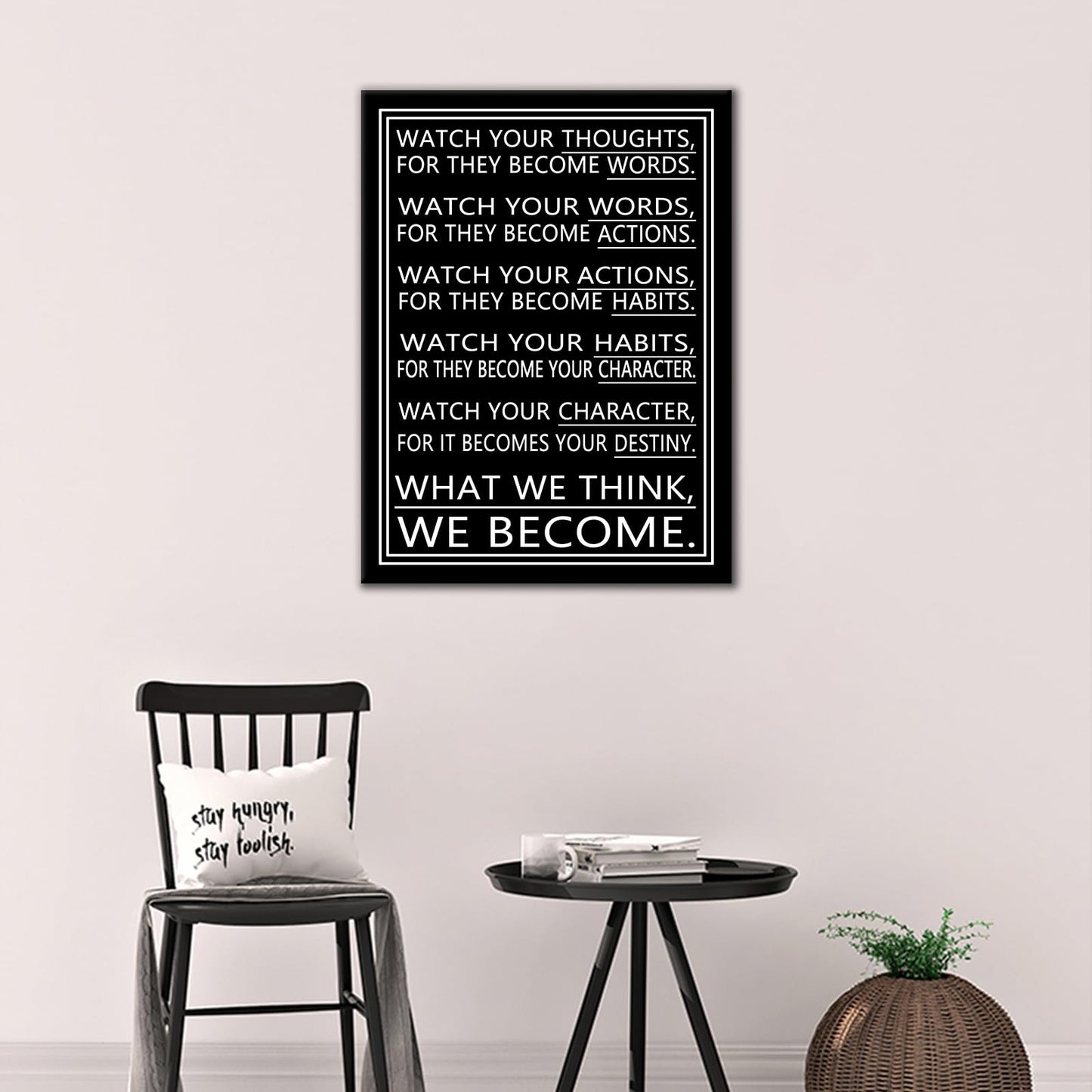 DINGFUN Inspirational Posters Watch Your Thoughts Quote Wall Art, Black White Canvas Poster, Single Panel Framed Decor for Bedroom Dorm Classroom, 24x18 Inch Display Print