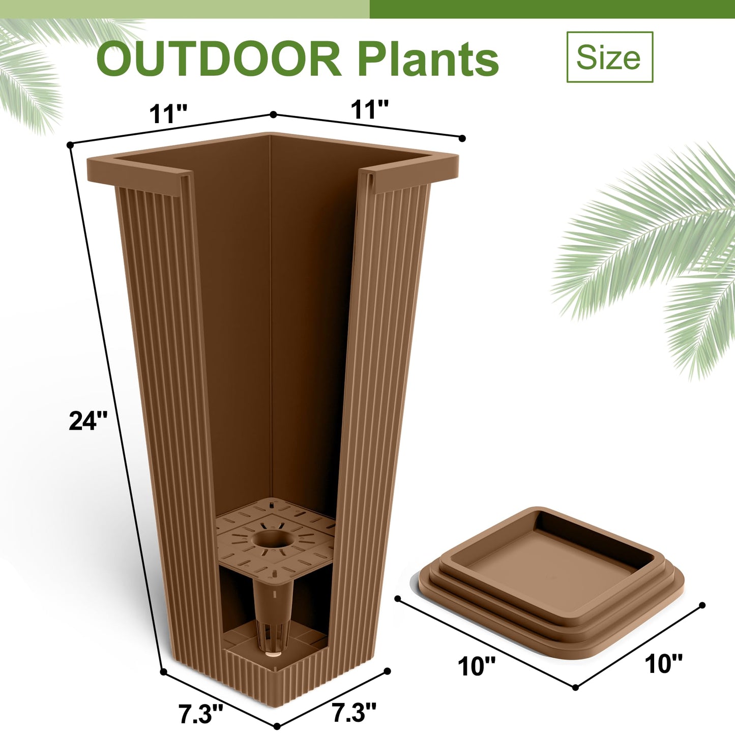 YESUNEED 24-Inch Tall Planters Set of 2 for Outdoor and Indoor Use,Tapered Flower Pots with Drainage Tray, Front Porch and Patio Decor,Ideal for Large Plants (Stripes-Brown)