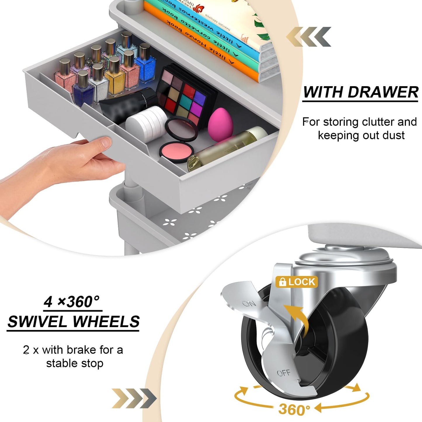 Goovilla 3 Tier Rolling Utility Cart Organizer with Removable Drawer, Stable and Sturdy Black Rolling Storage Carts with 2 Lockable Wheels for Bathroom, Kitchen, Snack, Craft, Makeup, Baby Essentials