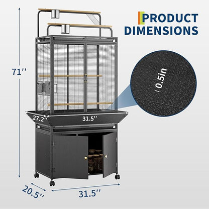 Garvee 71" H Rolling Bird Cage,Large Rolling Birdcage with Top Stand & Storage Cabinet,Black Walnut Wood Parakeet Cage for Macaw Parrot Cockatiel Budgie