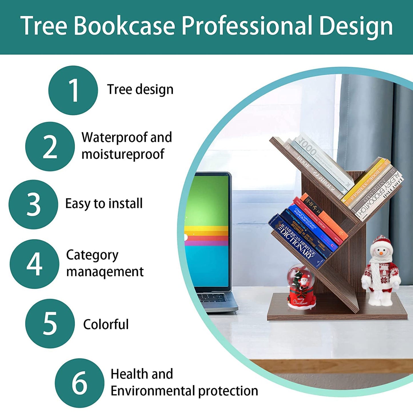 ZRWD Tree Bookshelf, 3-Tier Small Book Storage Organizer Shelves Floor Standing Bookcase, Wood Storage Rack for Office Home School Shelf Display for Cd/Magazine（Dark Walnut ）