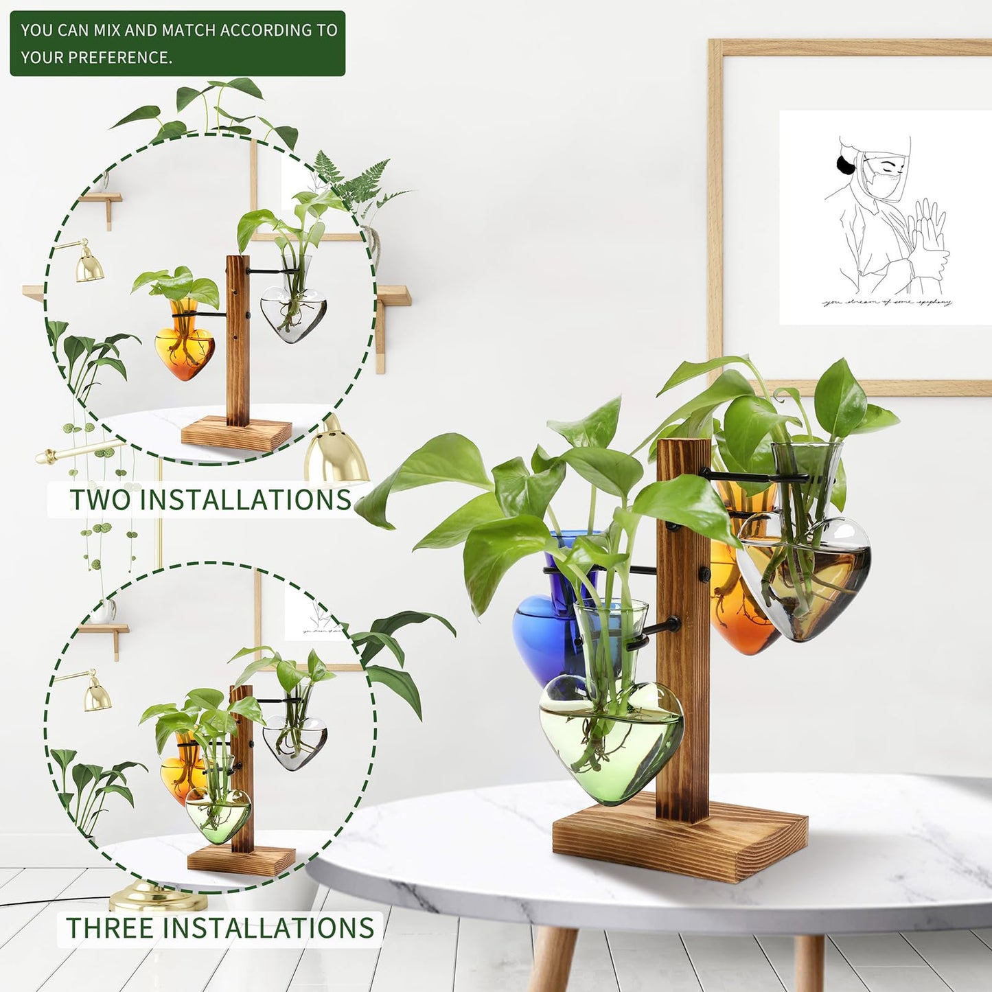 CYZglass Plant Terrarium Propagation Stations with Wooden Stand, Glass Vase for Indoor Hydroponics Home Garden Office Decoration Gift for Women - 4 Love Bulb Vase