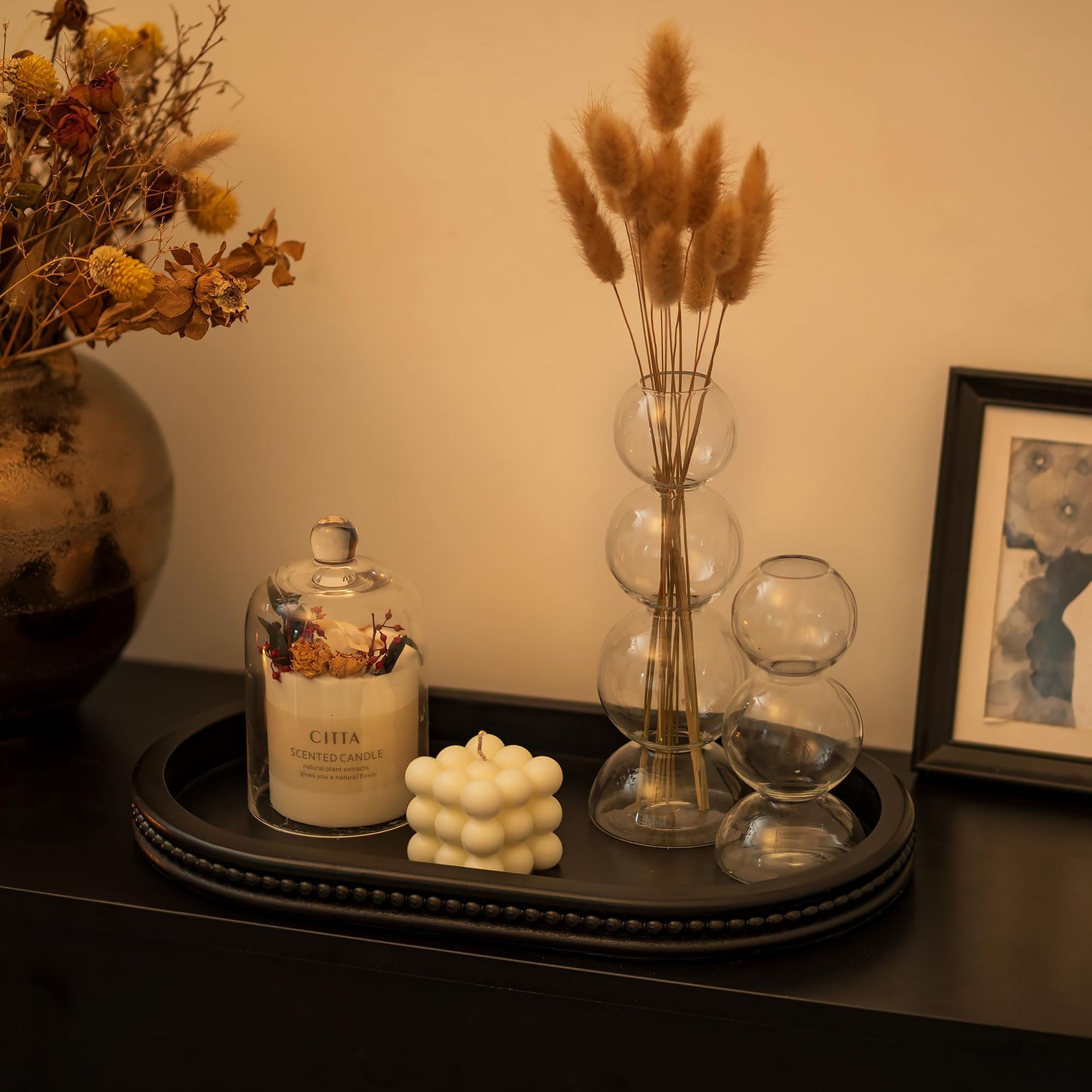 Hanobe Decorative Trays for Coffee Table : Black Oval Centerpiece Tray Wood for Farmhouse Entry Table Decor Round Bathroom Tray for Living Room Kitchen Counter