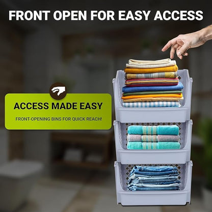 XLarge Stackable Storage Bins Open Front for Pantry, 6 Pack - Light Grey | Sturdy Plastic, Easy Stacking, Open Front Access, Ventilated Sides, Vertical & Space Saving Pantry Organizers and Storage Bin