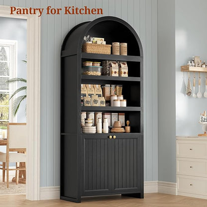 81" Tall Arched Cabinets,Bookcase with storage,Mid-Century Modern 6-Tier Bookshelf with Door,2 Book Risers and Adjustable Shelves offering more storage space for Living Room,Kitchen,Home Office,Black