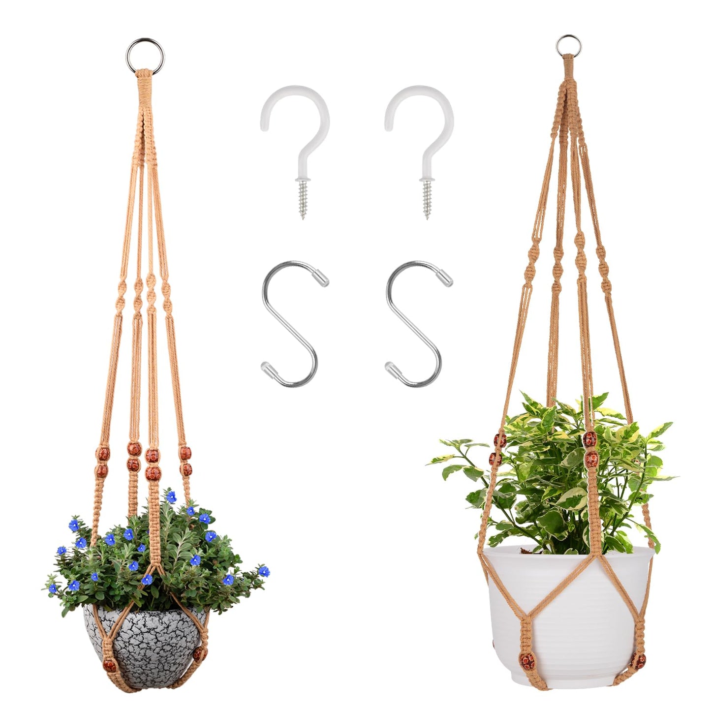 Macrame Plant Hanger for 5 to 10 Inch Plant Pots, Set of 2 Indoor Handmade 35 Inch Woven Rope Hanger Kits with Hooks and Wood Beads, Hanging Planter Basket Holder for Boho Home Decor (Brown, 2 Pack)