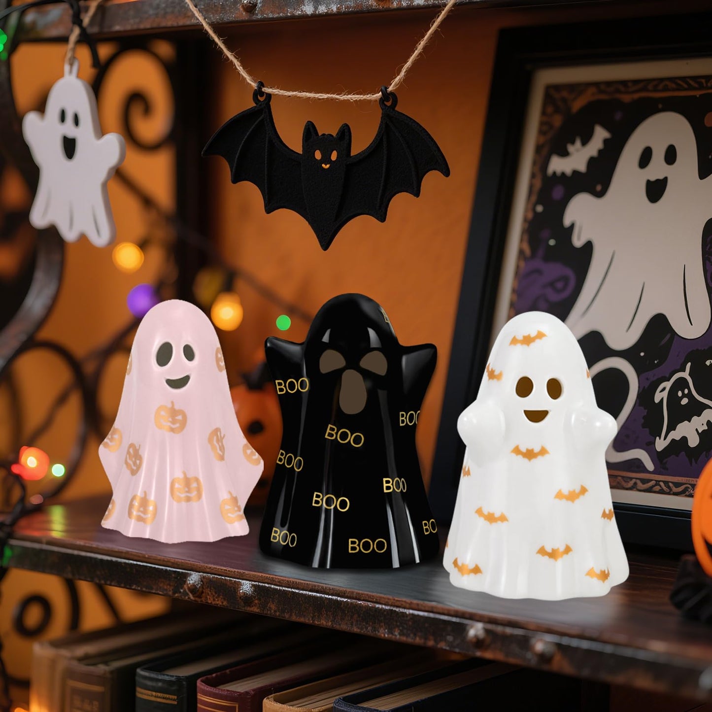 Byrita Halloween Decorations Indoor, Set of 3 Ceramic Halloween Ghosts with Witch Hats, Cute Spooky Lighted Decor Ghost Figurines Witch Hat Scary Pumpkin Bats Boo for Home Mantel Shelf Table Decor