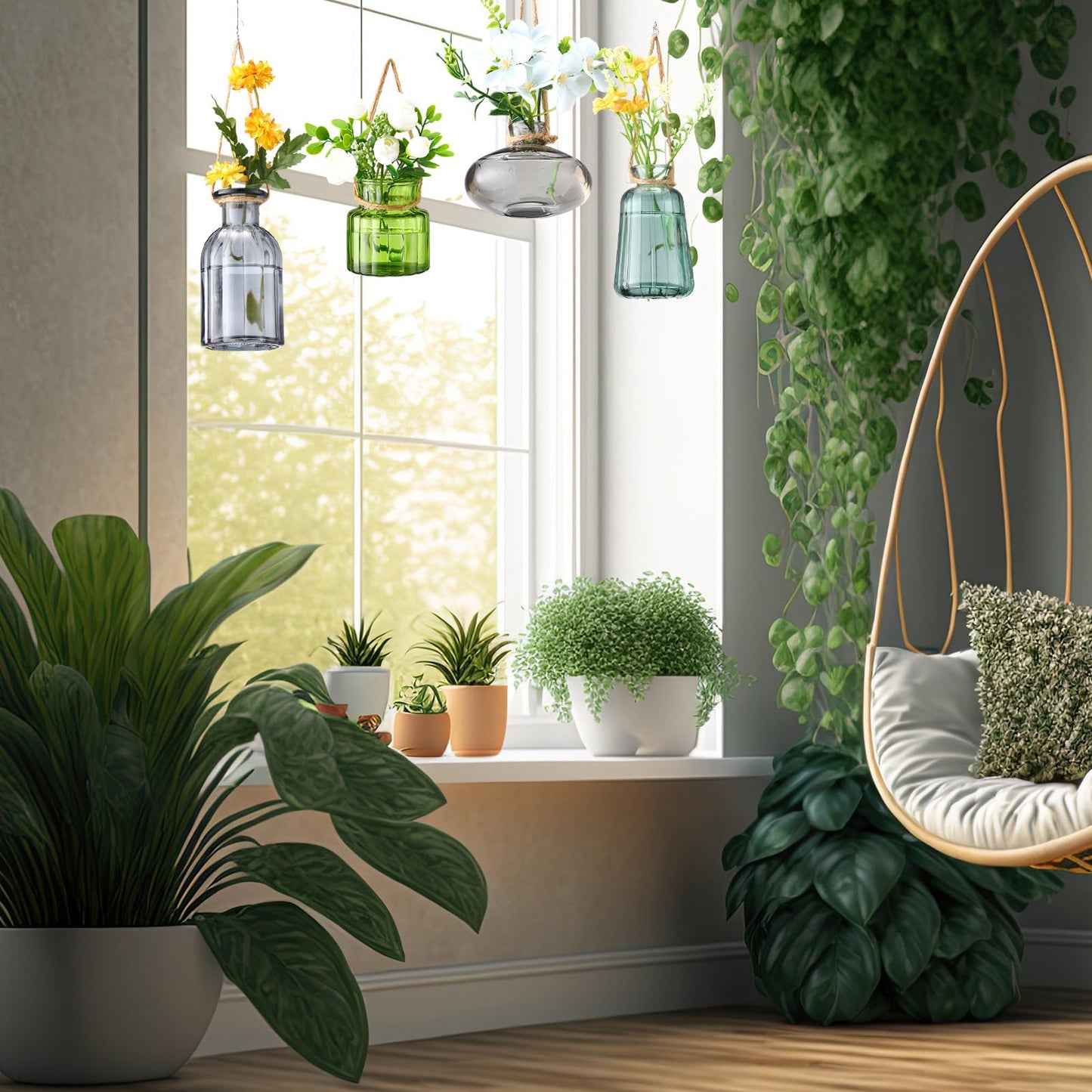 Wonderjune 4 Pcs Stained Glass Hanging Vases Hanging Glass Planters Small Plant Terrarium Pot Containers with Rope for Garden Home Indoor Outdoor Decor, 4 Styles (Artsy)