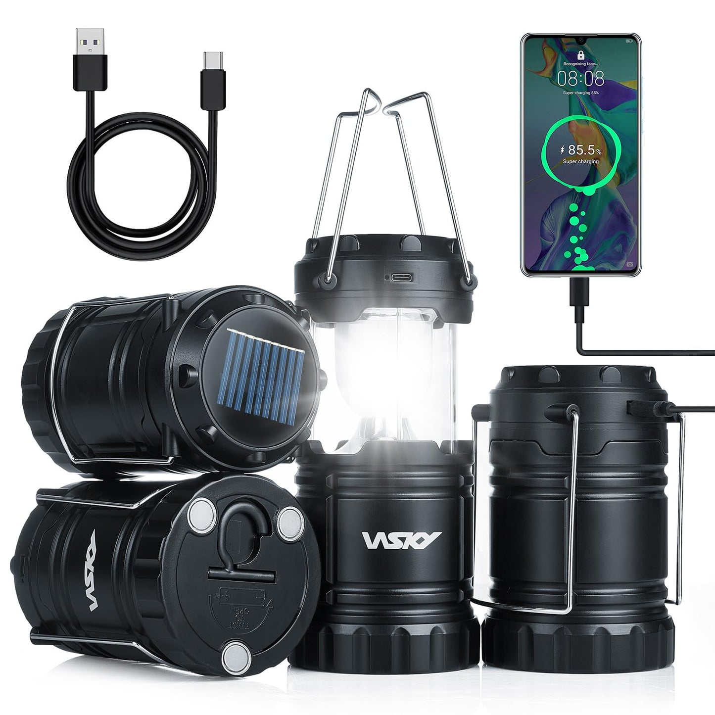 Wsky Solar Camping Lantern 4-Pack - Rechargeable LED Lights, Magnetic Base & Foldable Hanging Hook- Collapsible Lamp Battery Powered Perfect for Power Outages, Hiking, Campsites, Emergencies