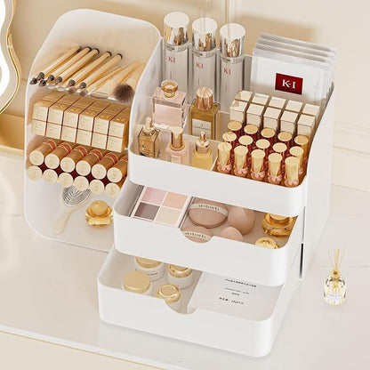 Makeup Organizer with Drawers, Large Capacity Countertop Organizer for Vanity, Bathroom and Bedroom Desk Cosmetics Organizer, Easy To Storage Skincare, Brushes, Eyeshadow, Lipstick (All White)