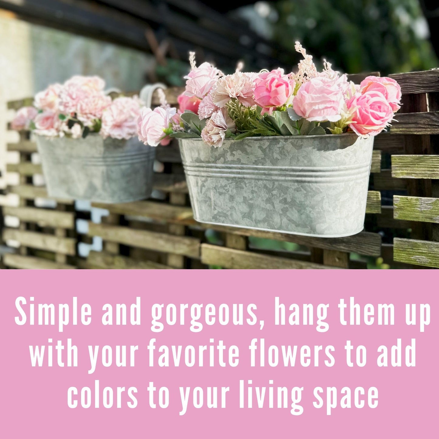 LaLaGreen Bundle- 2 Pack, 11.2 Inch + 2 Pack, 15 Inch Siver Metal Pot Hanging Window Flower Herb Boxes with Hook Modern Countryside Outdoor Bucket Garden Decor Rail Fence Home Porch Balcony Boho Style