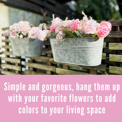 LaLaGreen Bundle- 2 Pack, 11.2 Inch + 2 Pack, 15 Inch Siver Metal Pot Hanging Window Flower Herb Boxes with Hook Modern Countryside Outdoor Bucket Garden Decor Rail Fence Home Porch Balcony Boho Style