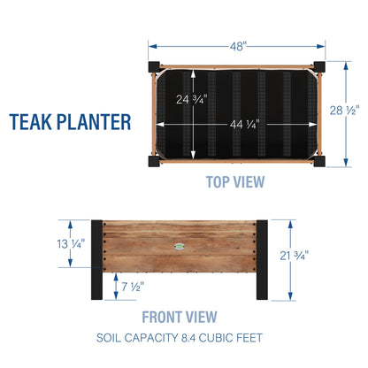 Backyard Discovery 48" Teak Wood Garden Bed Planter Box with Galvanized Steel Legs, Mesh Liner for Outdoor Gardening, Patio, Balcony, Deck, Porch