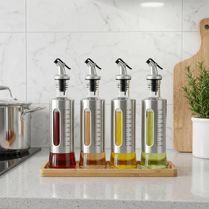 LIONTOTO Olive Oil Dispenser for Kitchen, 4 Pack 10oz/300 ML Cooking Oil and Vinegar Dispenser Set with 20 Labels Stainless Steel Funnel, Olive Oil Bottle, Soy Sauce Dispenser, Coffee Syrup Bottles