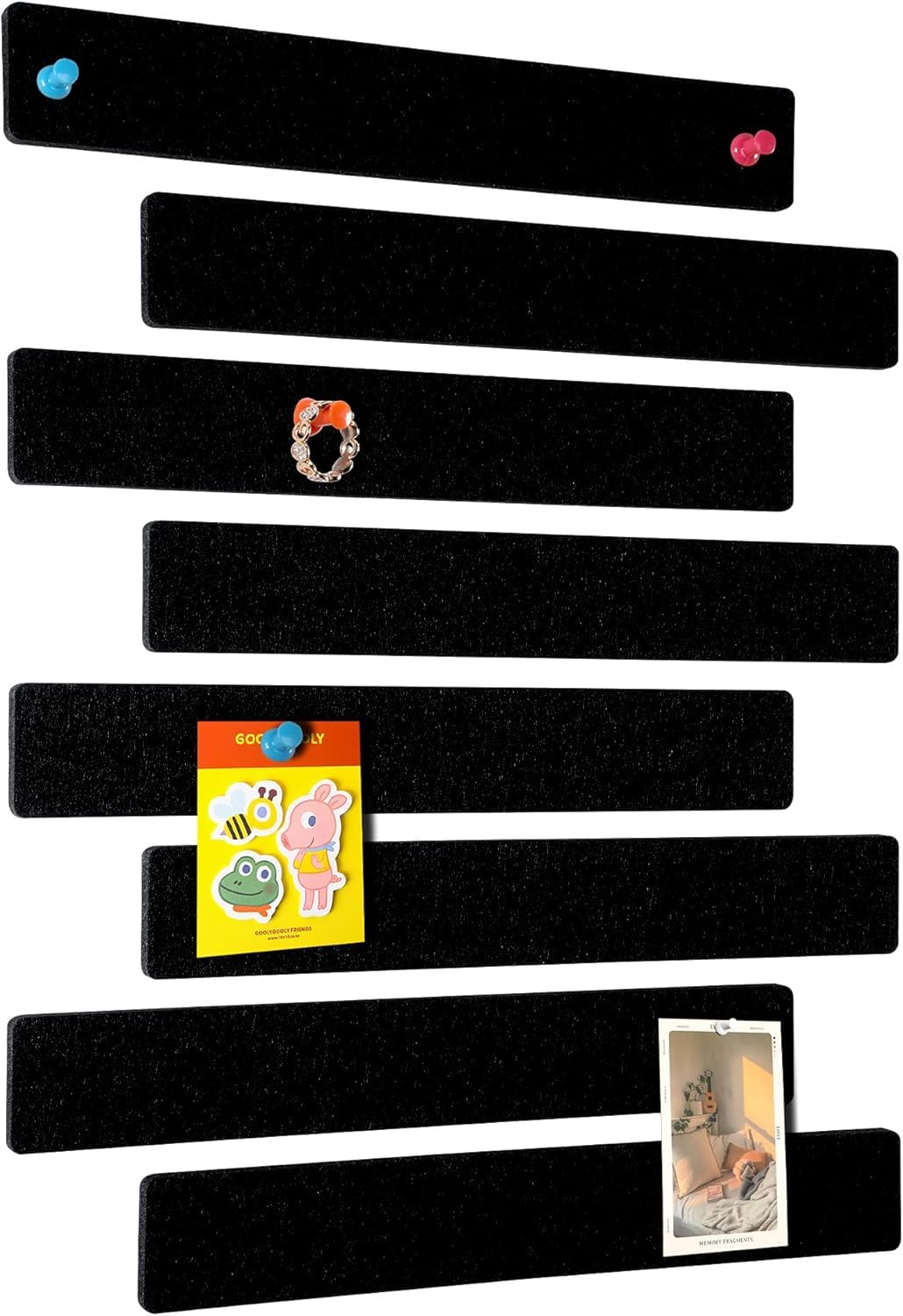 GoTiling Cork Board for Walls - 8 Pack Felt Pin Board Bar Strips - Self-Adhesive Lightweight Bulletin Board - Cork Board for Office with 40 Push Pins No Damage for Wall (Black)