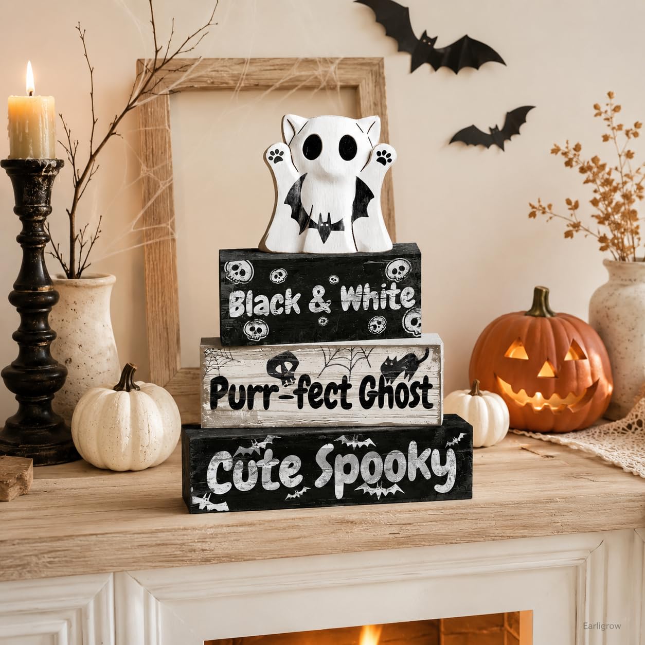 4 Pcs Ghost Cat Halloween Decor Black and White Halloween Tiered Tray Decorations Cute Spooky Rustic Wooden Blocks with Skull Bats Spider Webs Farmhouse Table Centerpiece for Home Office Desk Shelf Mantel Coffee Bar
