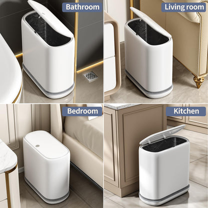 Bathroom Trash Can with Lid, 3 Gallon Small Slim Garbage Bin with Auto-Adsorption & 75 Bags (5 Rolls), Mini Waste Basket Dog Proof for Bathroom, Kitchen, Office, Bedroom, Laundry, Toilet, Rv, White