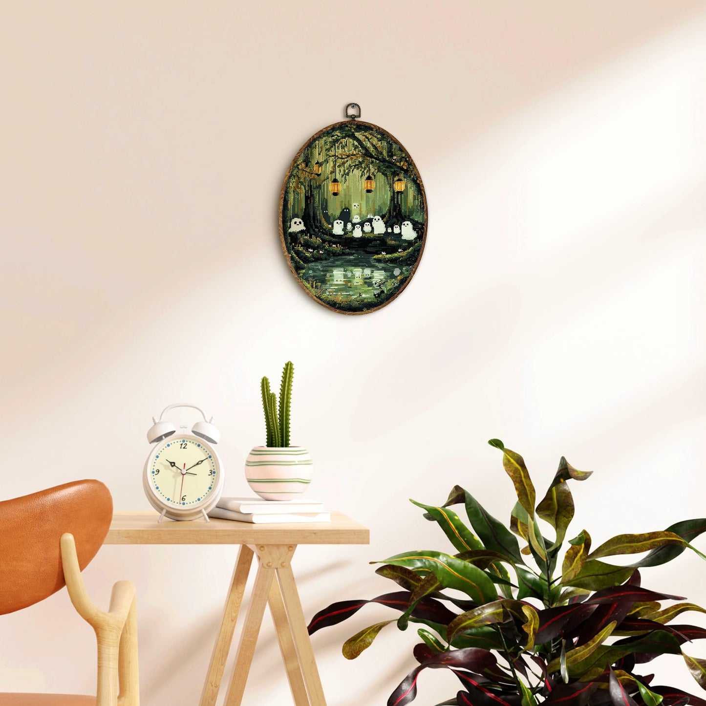 EGVQK Cute Halloween Ghost Oval Wall Art Decor, pixel art Ghosts Framed Canvas Prints Wall Art, Whimsigoth Oval Canvas Hanging Decor for Scary Halloween Ghost Decorations Indoor Living Room 8.5x11.5in