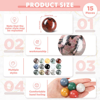 Nuenen 15 Pcs Gemstone Sphere Balls 1 Inch Polished Crystal Sphere Bulk Multi Style Witch Ball Tones Gemstones Pocket Palm Crystals for Witchcraft Meditation Reiki Balancing