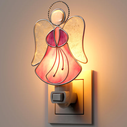 KUNDGLA Pink Angel Night Lights Plug into Wall,Stained Glass Plug in Night Light for Wall Socket Decorative Nightlight for Bedroom Hallway Kitchen Home Gifts for Mom Mother`s Day Birthday Christmas