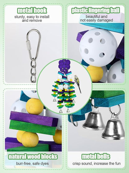 Large Bird Parrot Toys with Bells- Parrots Cage Chewing Toy Gift with Colorful Wood Blocks Beads- Bird Parrot Chewing Sticks Toys for Cockatoos African Grey Macaws and Amazon Parrots(Grape Style)