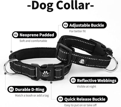 IVY&LANE Reflective Dog Collar and Leash Set,Adjustable Neoprene Padded Dog Collars for Puppy, Breathable Nylon Pet Collar for Small Medium Large Dogs (Large,Black)