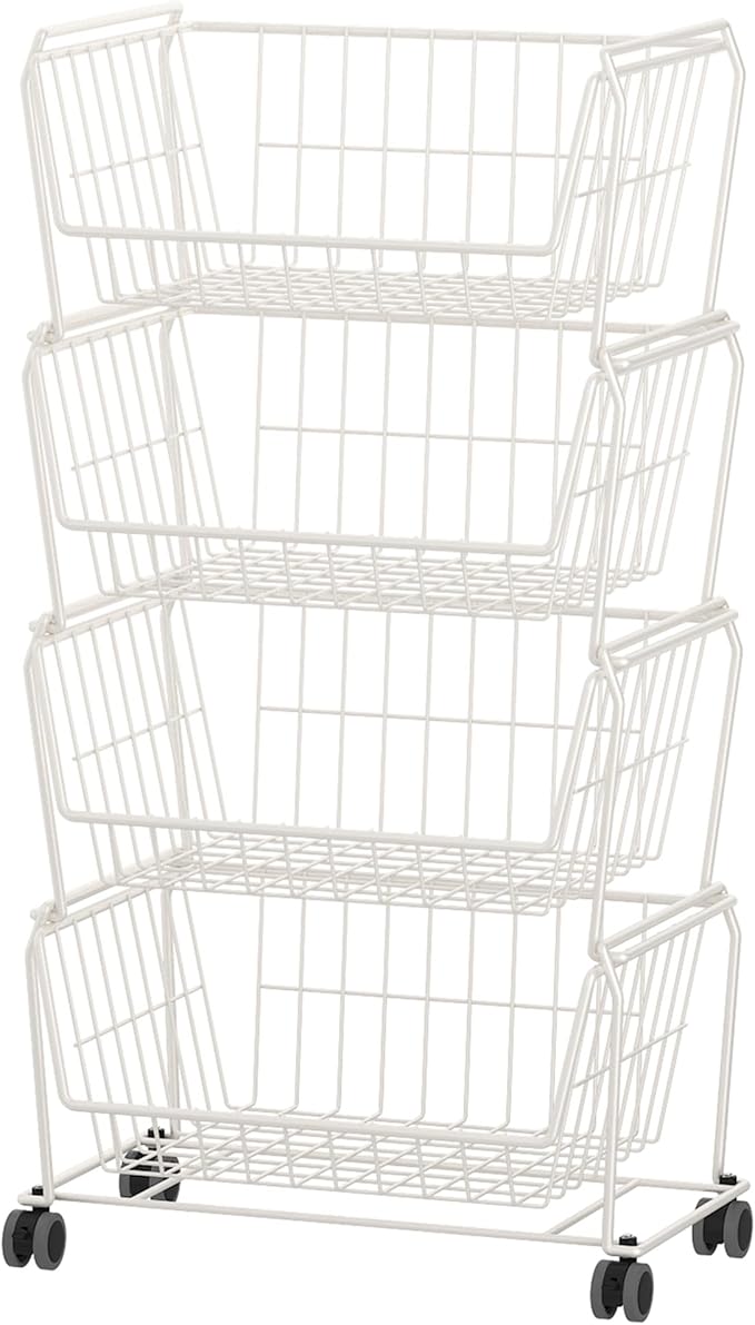 PUSDON 4-Tier Large Stackable Wire Storage Baskets with Wheels, Metal Rolling Utility Cart Organizer, Produce Basket for Kitchen Pantry, Floor Shelf, Classic White