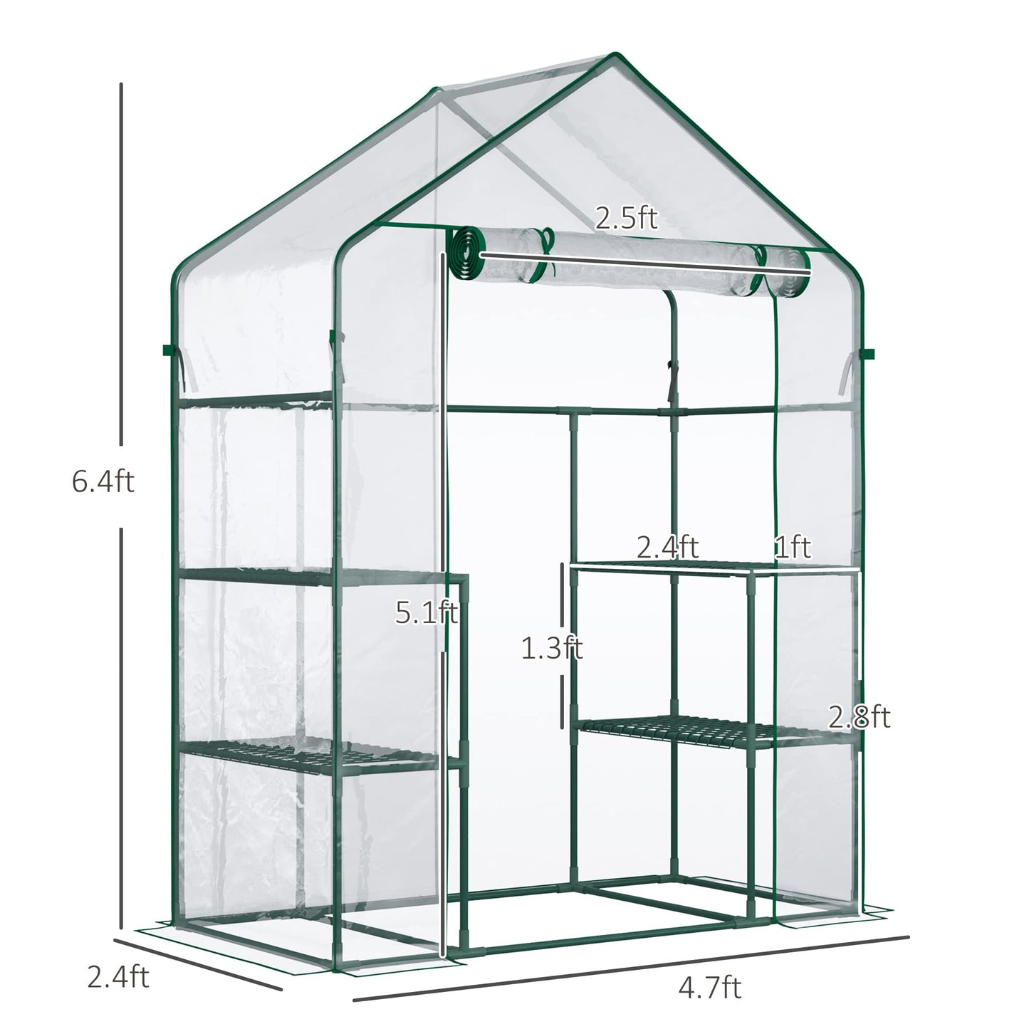 Outsunny 5' x 2.5' x 6.5' Mini Walk-in Greenhouse Kit, Portable Green House with 3 Tier Shelves, Roll-Up Door, and Weatherized Plastic Cover for Backyard Garden, Clear