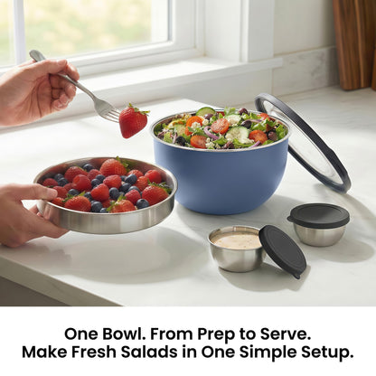 Rorence Salad Bowl, 96oz Large 18/8 Stainless Steel Salad Bowl with Airtight Lid & Non-Slip Base, Kitchen Mixing Bowl for Meal Prep, Family Dinner, Party & Picnic, Blue